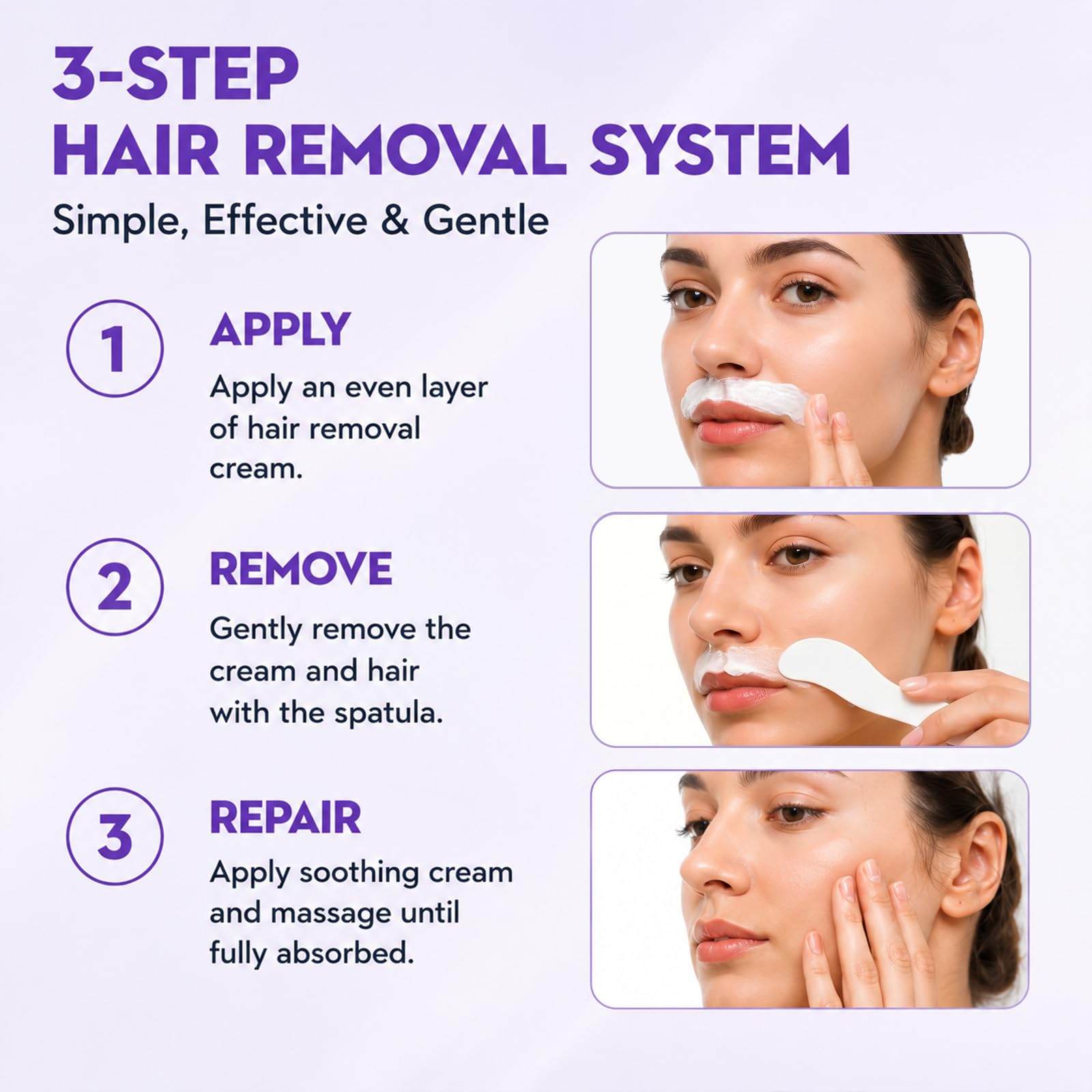 Hair Removal Cream, Facial Hair Removal Cream for Women with Soothing Cream,Facial Hair Remover for All Skin Types, Face Hair Remover for Upper Lip, Peach Fuzz, Chin & Sideburns