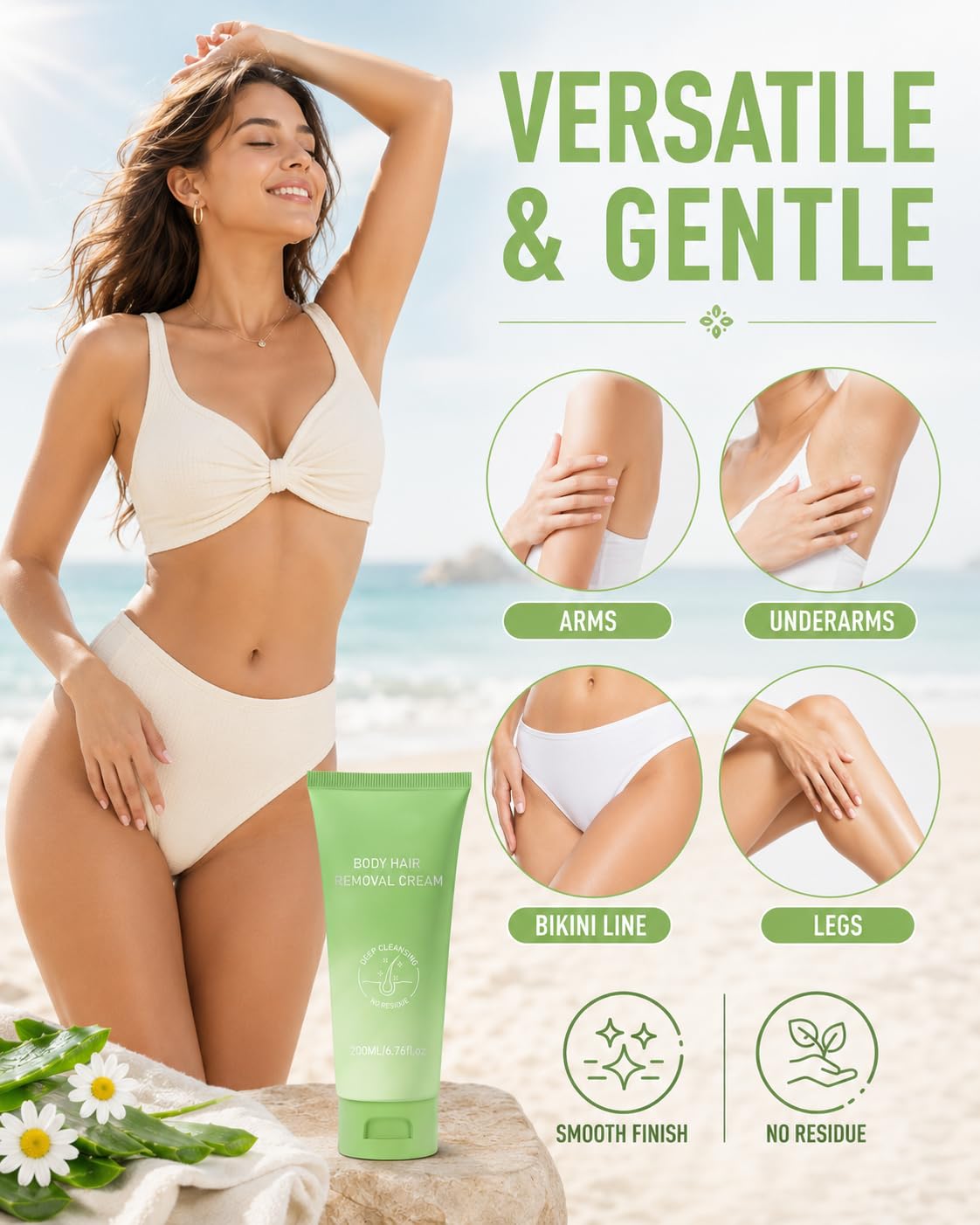 Hair Removal Cream for Women, 6.76 Fl Oz Gentle Depilatory Cream for Legs, Arms, Underarms, Bikini Line, Fast Body Hair Remover with Smooth Skin Finish, Sensitive Skin Care
