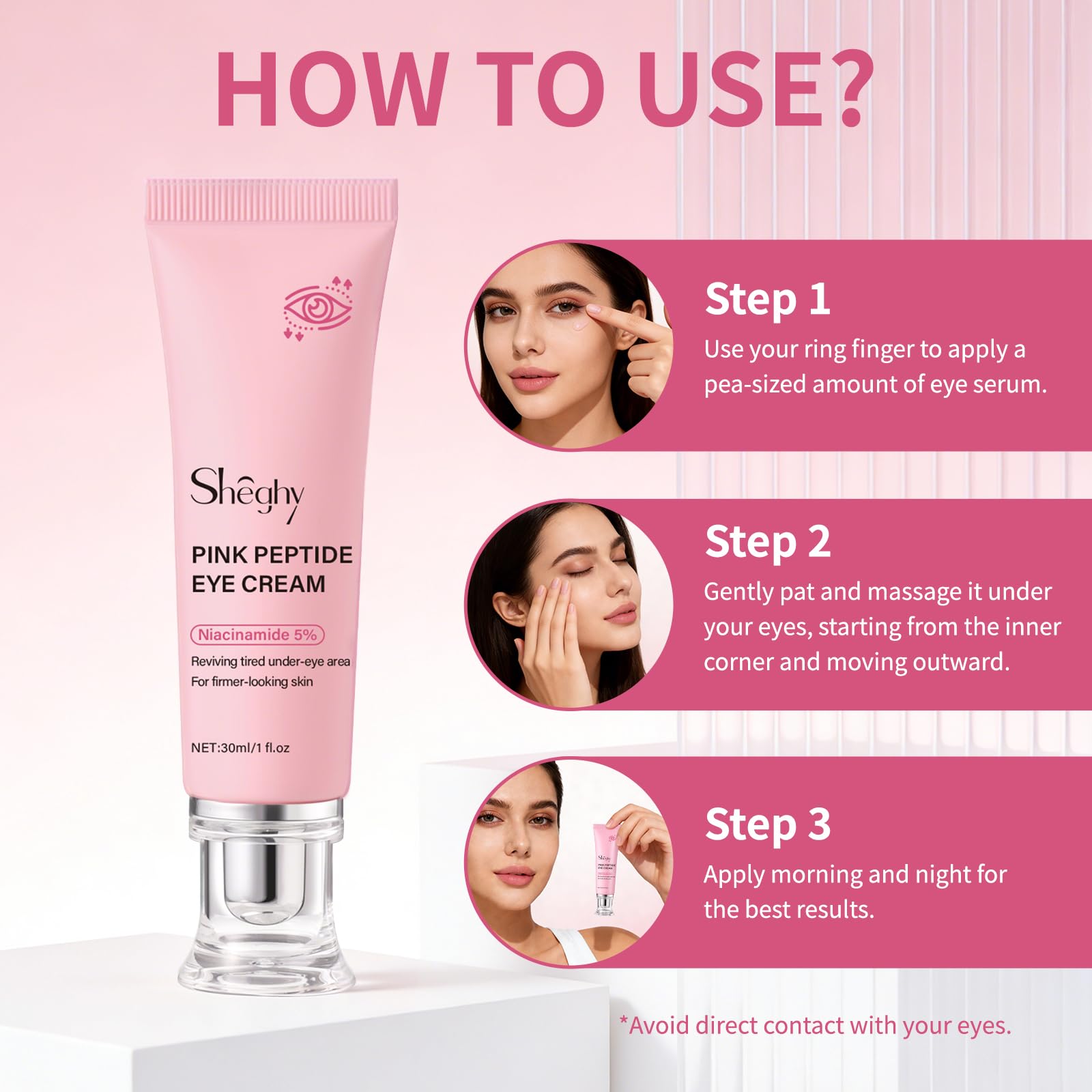 Pink Peptide Eye Serum Cream, Hydrating & Firming Eye Cream for Dark Circles, Anti-Aging Treatment 1.01fl.oz